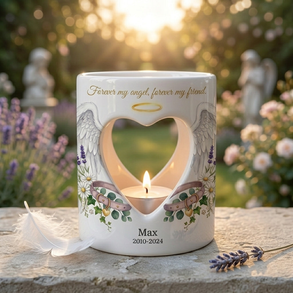 Personalized Pet Memorial Candle Holder, Dog Memorial Gift, Angel Wings Heart Tealight Holder, Custom Pet Loss Sympathy Keepsake