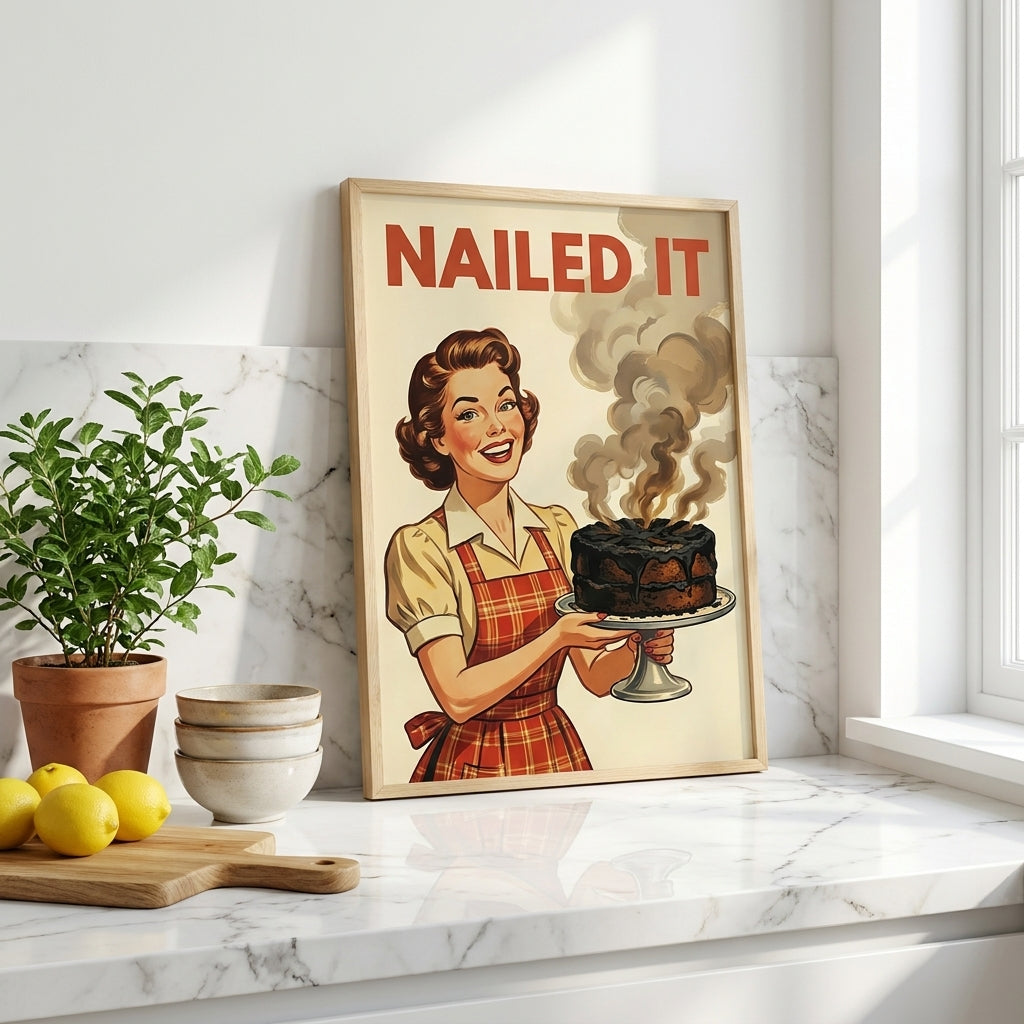 Nailed It Funny Kitchen Wall Art, Retro Vintage Housewife Burnt Cake Poster, Mid Century Baking Print, Humorous Kitchen Decor