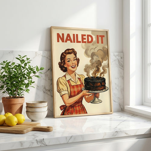 Nailed It Funny Kitchen Wall Art, Retro Vintage Housewife Burnt Cake Poster, Mid Century Baking Print, Humorous Kitchen Decor