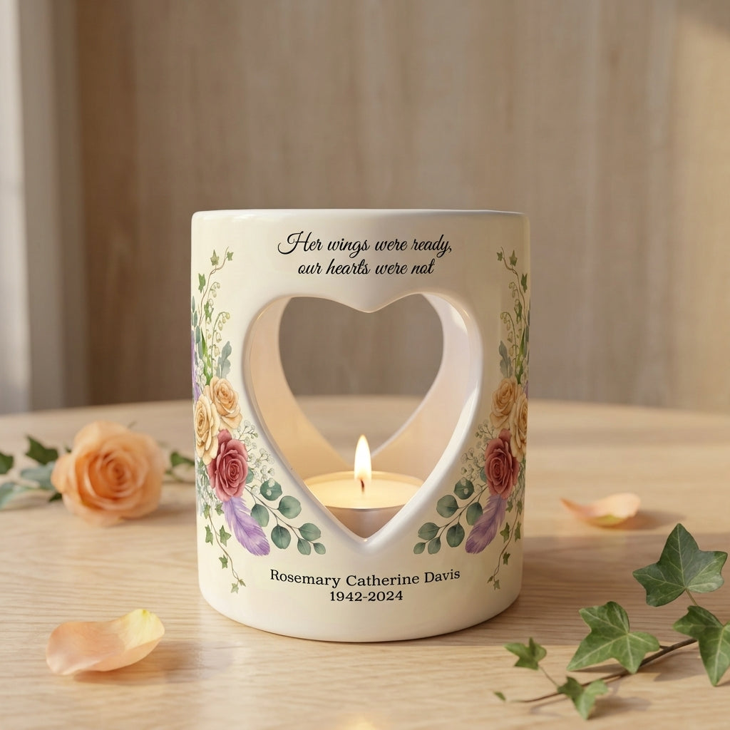 Personalized Memorial Candle Holder, Heart Cutout Sympathy Tealight Cup, Custom Name Date Bereavement Remembrance Gift