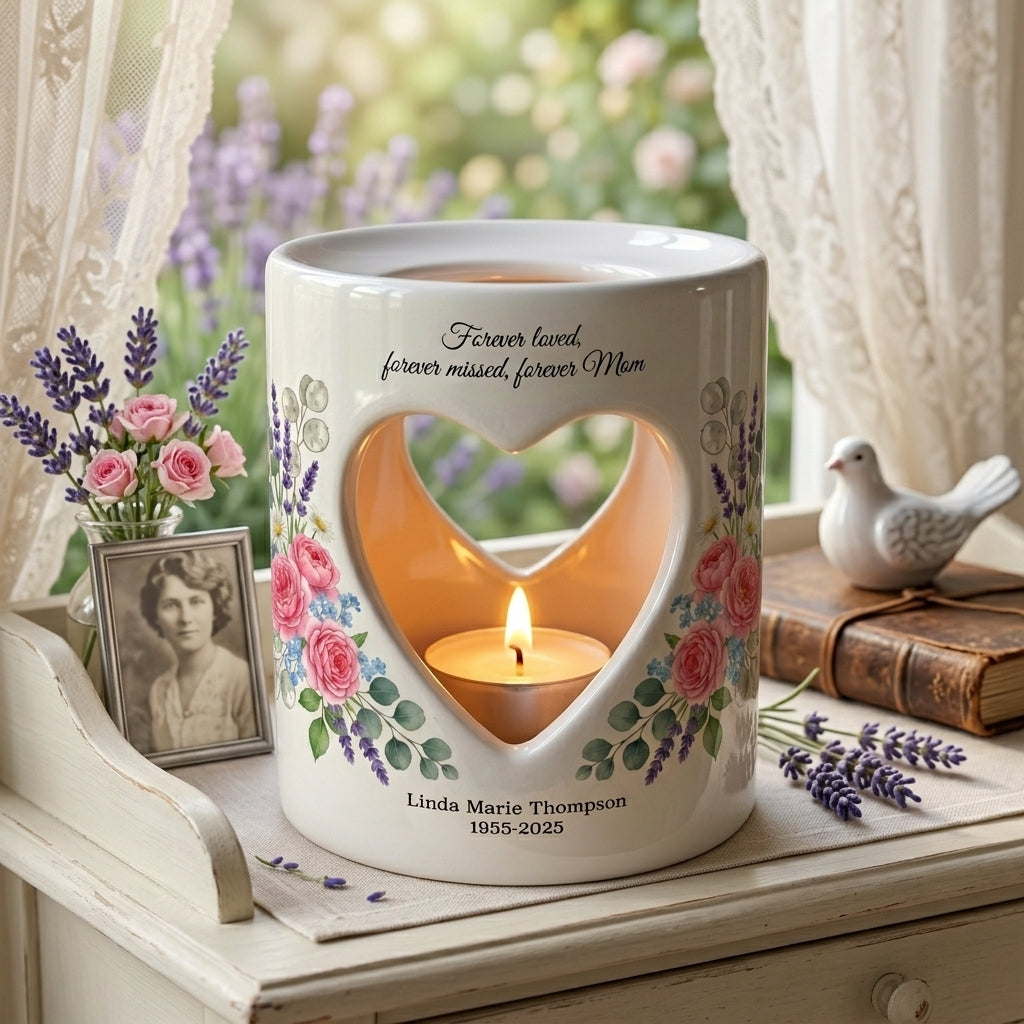 Personalized Mom Memorial Candle Holder, Forever Loved Forever Missed Forever Mom Ceramic Tealight Holder, Sympathy Gift, Custom Name & Date
