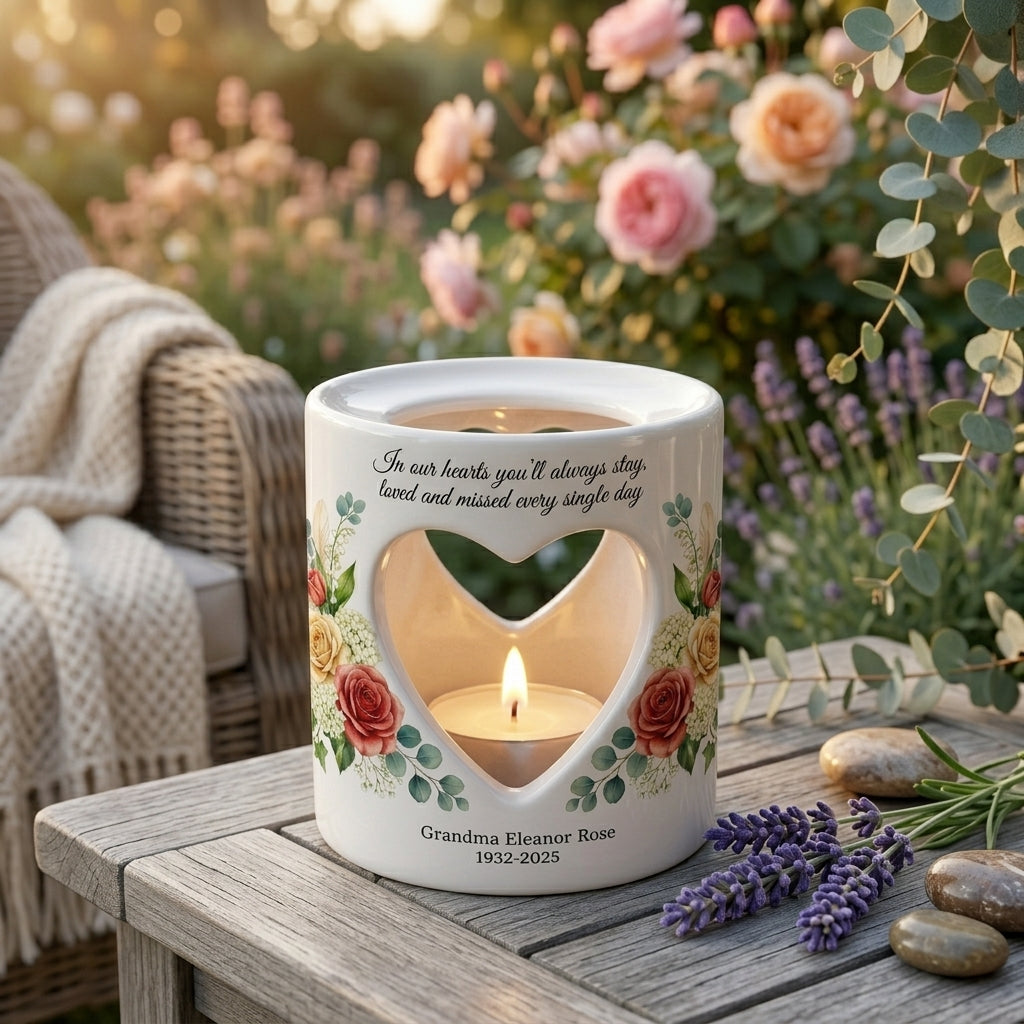 Personalized Memorial Candle Holder, Heart Cutout Ceramic Tealight Sympathy Gift, Custom Name Date Remembrance Keepsake