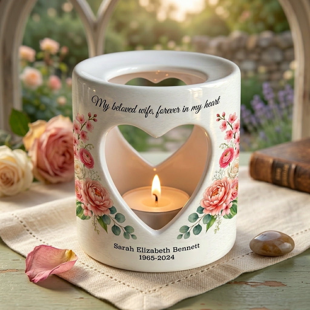 Personalized Wife Memorial Candle Holder, In Loving Memory Ceramic Tea Light Sympathy Gift, Floral Heart Remembrance Keepsake