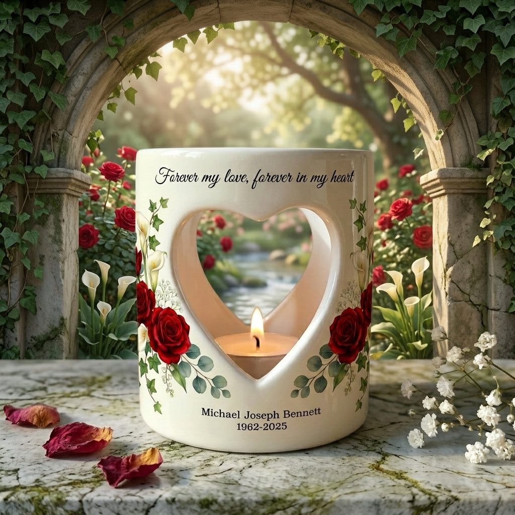 Personalized Memorial Candle Holder, Forever My Love Sympathy Gift, Custom Name Date Heart Ceramic Tealight Remembrance