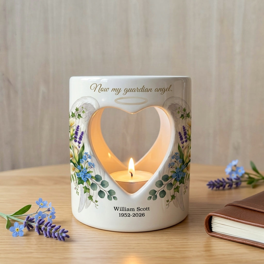 Personalized Memorial Candle Holder, Now My Guardian Angel Tealight Cup, Sympathy Gift, Angel Wings Heart Remembrance Keepsake