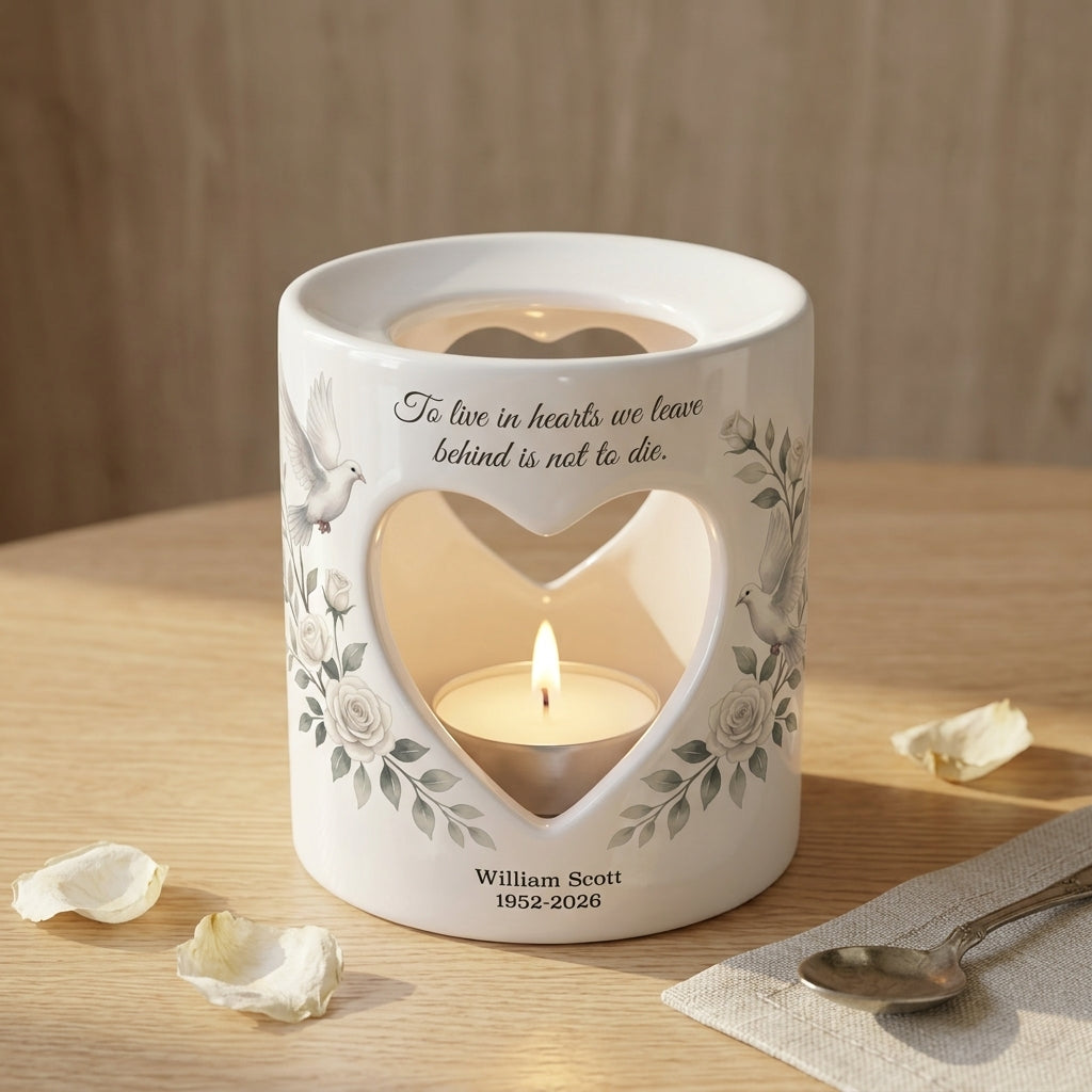 Personalized Memorial Candle Holder, Heart Cutout Ceramic Tealight Sympathy Gift, Dove Rose Remembrance Keepsake In Loving Memory