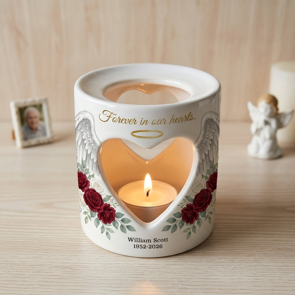 Personalized Memorial Candle Holder, Angel Wings Heart Sympathy Gift, Custom Name Date Remembrance Tealight, In Loving Memory