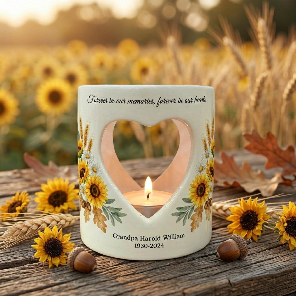 Personalized Sunflower Memorial Candle Holder, Heart Cutout Ceramic Sympathy Gift, In Loving Memory Remembrance Tealight Cup