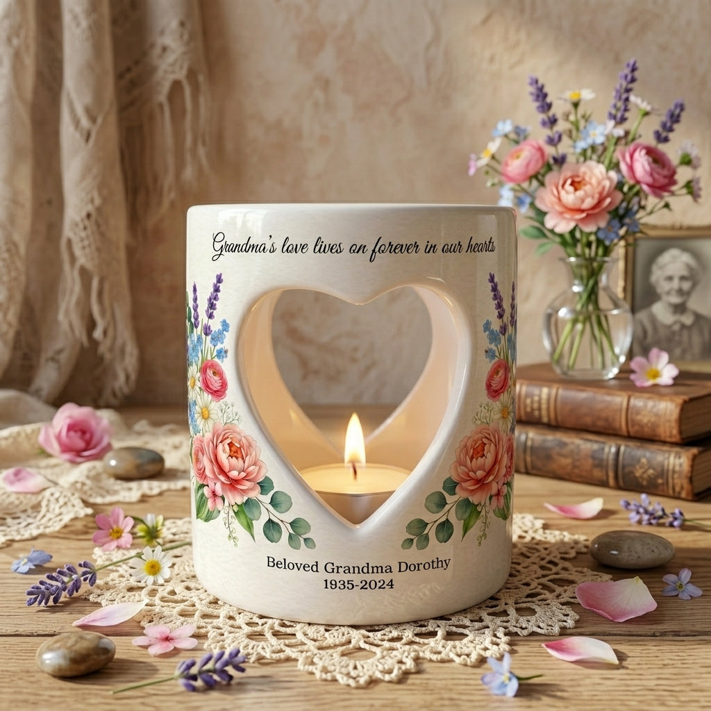 Personalized Grandma Memorial Candle Holder, Heart Cutout Ceramic Tealight Lantern, Sympathy Bereavement Loss Gift Keepsake