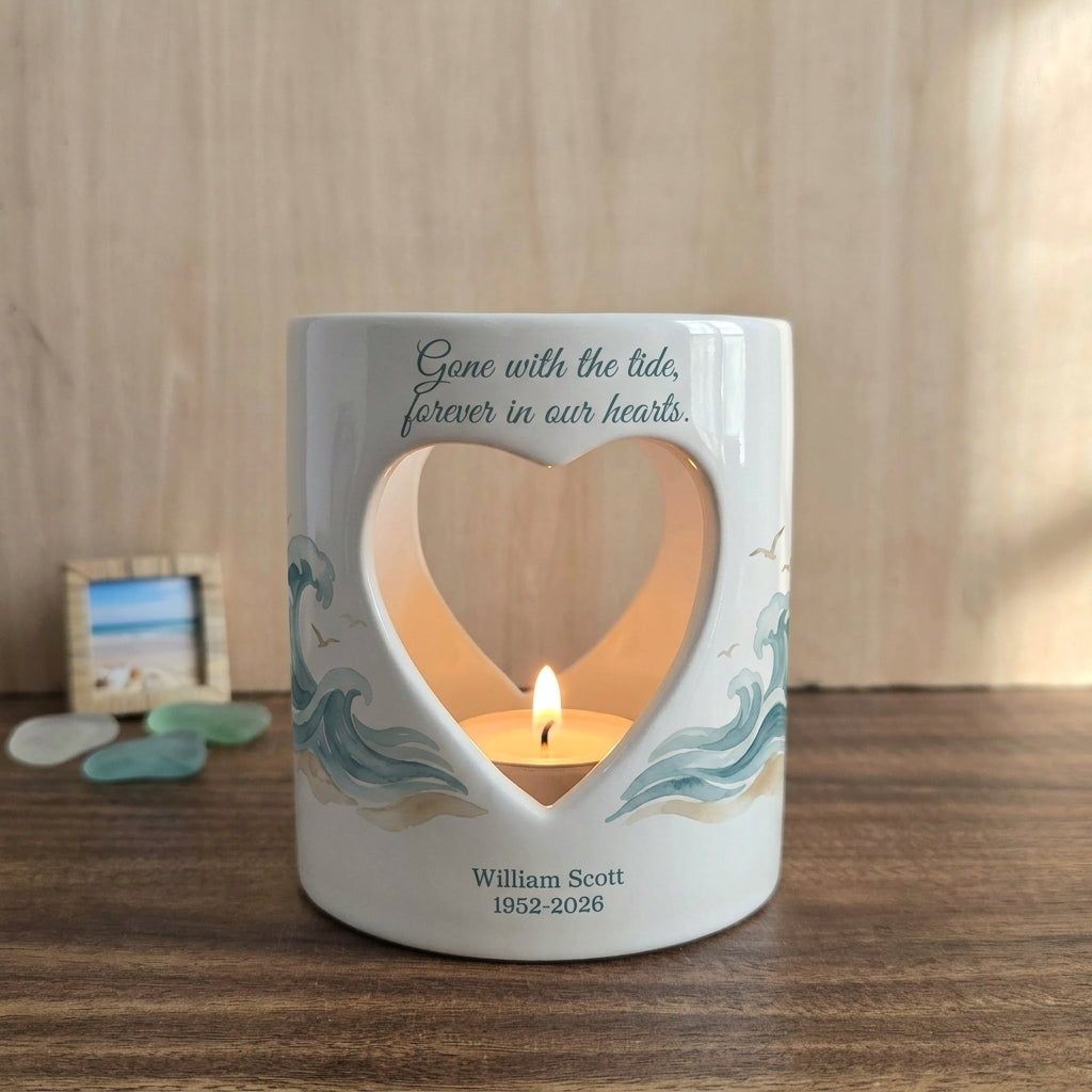 Personalized Memorial Candle Holder Ceramic Heart Tealight Coastal Sympathy Gift Loss of Loved One Beach Remembrance Keepsake