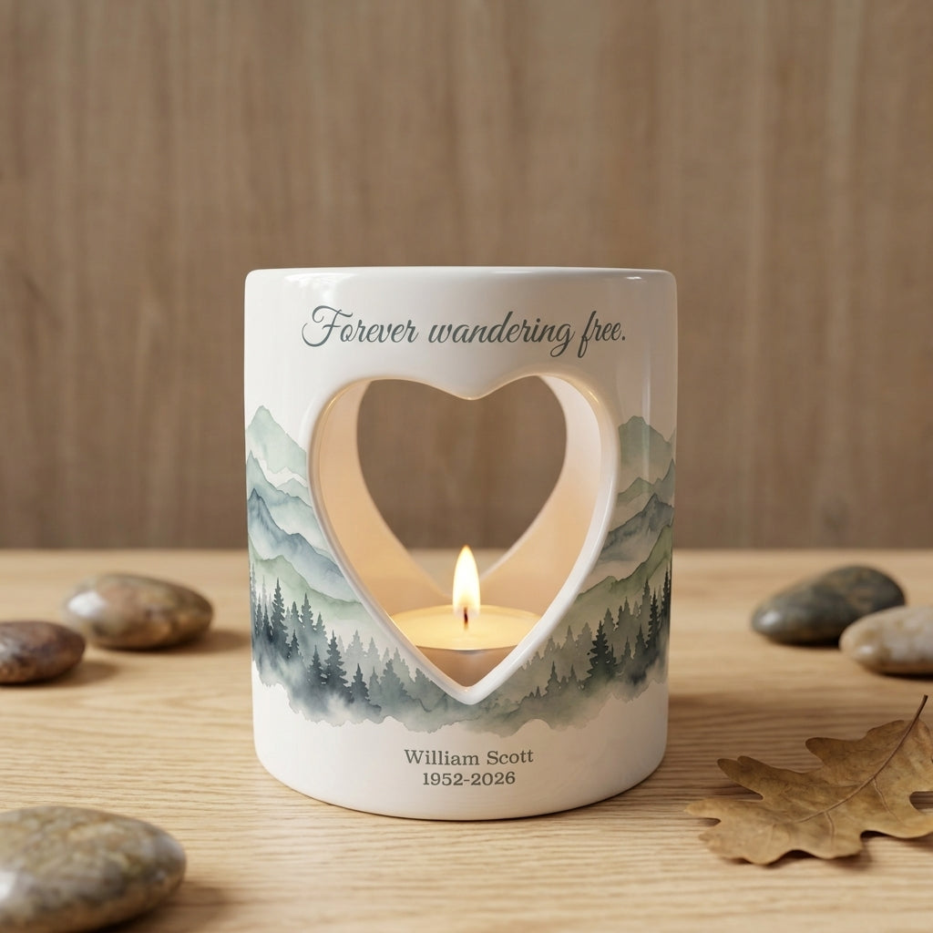 Personalized Memorial Candle Holder, Forever Wandering Free Sympathy Gift, Mountain Tealight Keepsake, Bereavement Loss of Loved One