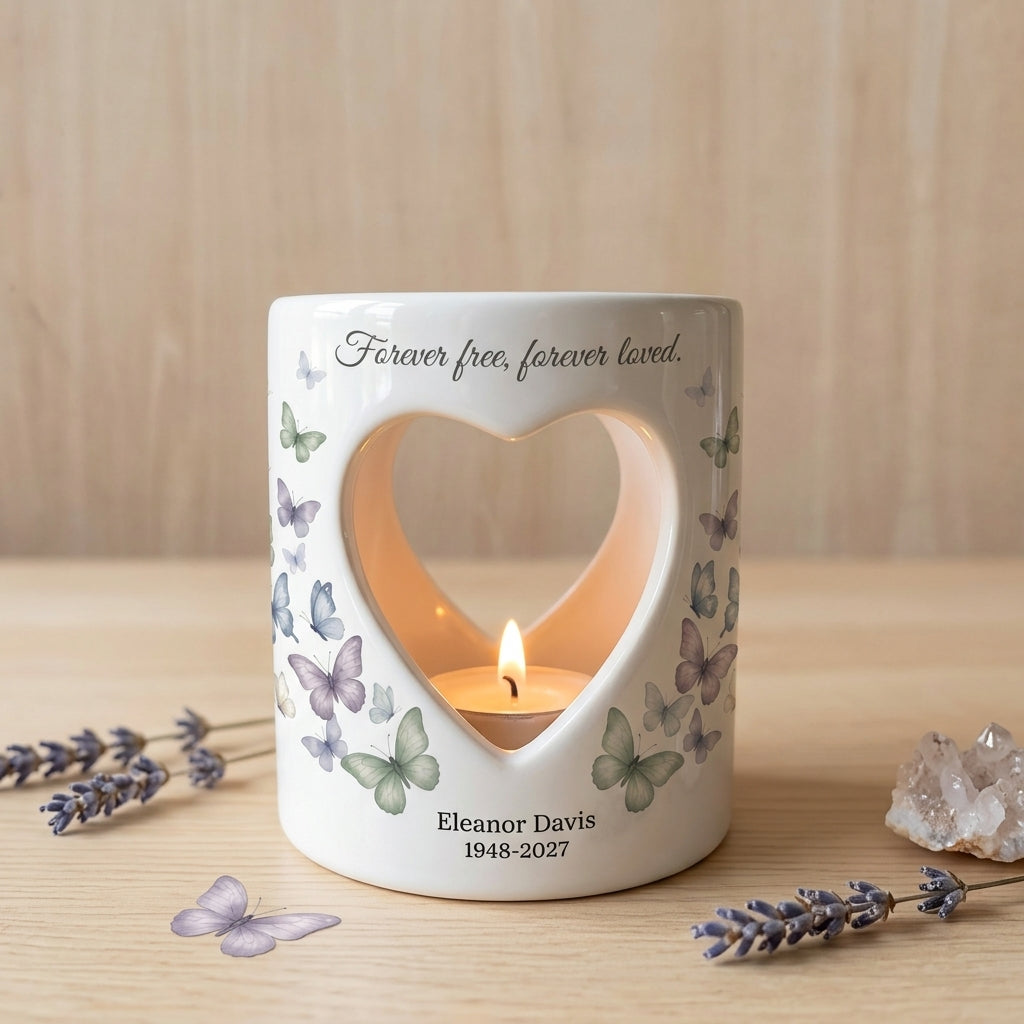 Personalized Memorial Candle Holder, Butterfly Sympathy Tealight Cup, Forever Free Forever Loved Remembrance Gift, Loss of Loved One