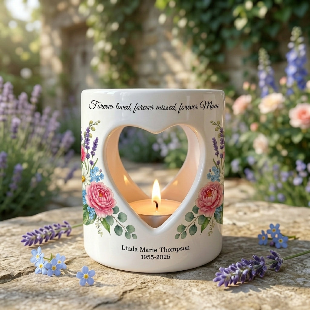 Personalized Memorial Candle Holder for Mom, Forever Loved Forever Missed, Heart Cutout Ceramic Tealight Sympathy Gift