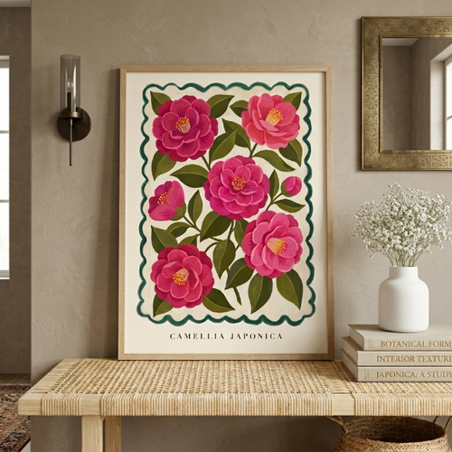 Camellia Japonica Botanical Wall Art, Pink Floral Painting Print, Vintage Flower Market Poster, Maximalist Cottagecore Decor