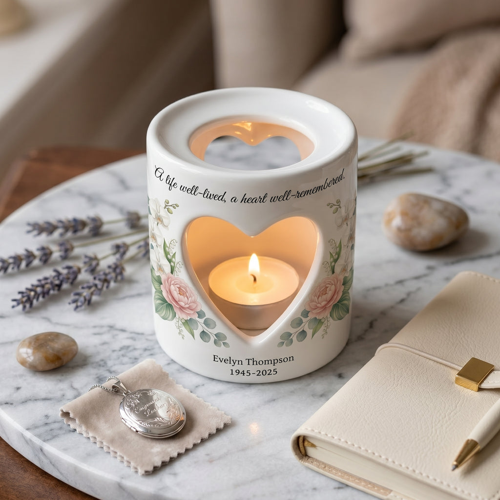Personalized Memorial Candle Holder Ceramic Tealight Sympathy Gift Custom Name Date Heart Cutout Floral Bereavement Remembrance Keepsake