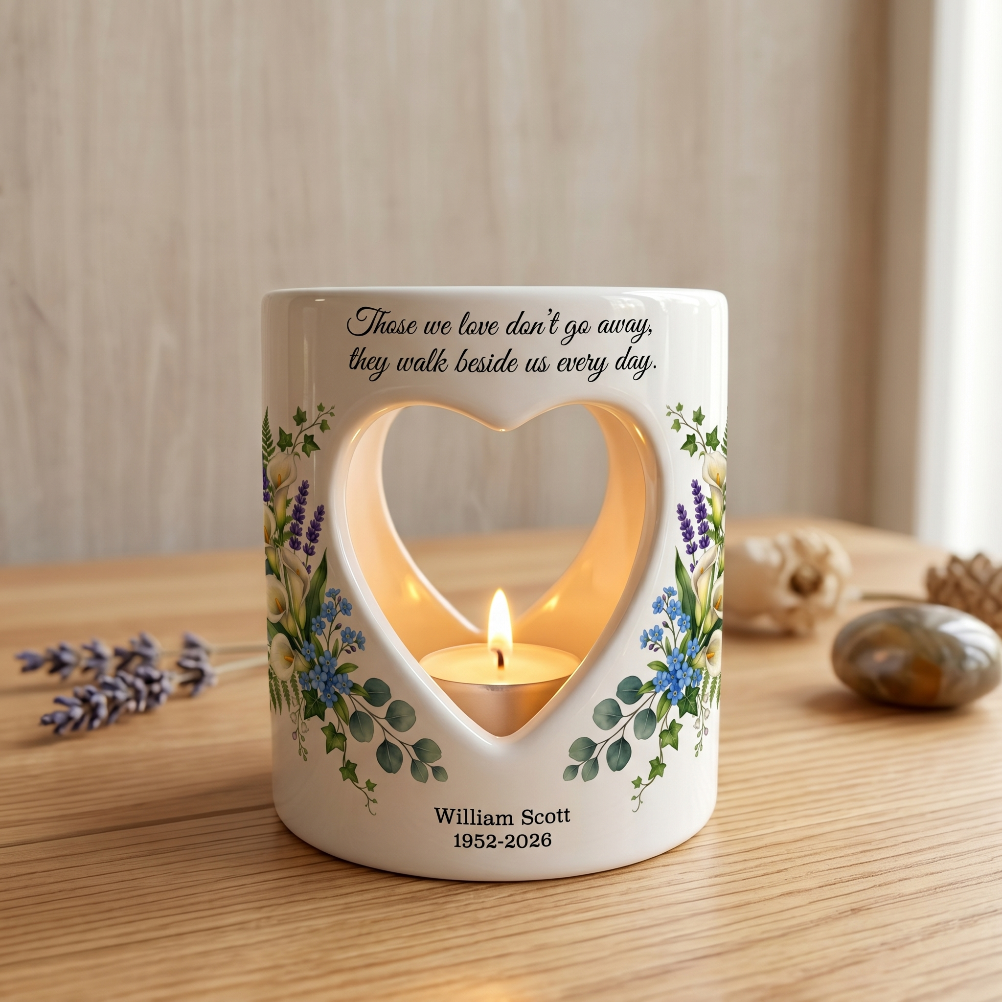 Personalized Memorial Candle Holder, Custom Name & Date Sympathy Gift, Heart Cutout Ceramic Tealight, Floral Remembrance Candle Cup
