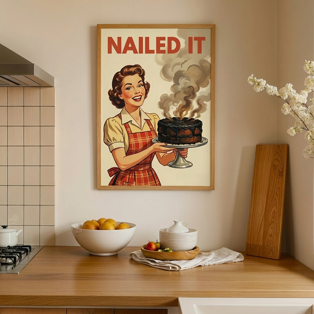 Nailed It Funny Kitchen Wall Art, Retro Vintage Housewife Burnt Cake Poster, Mid Century Baking Print, Humorous Kitchen Decor