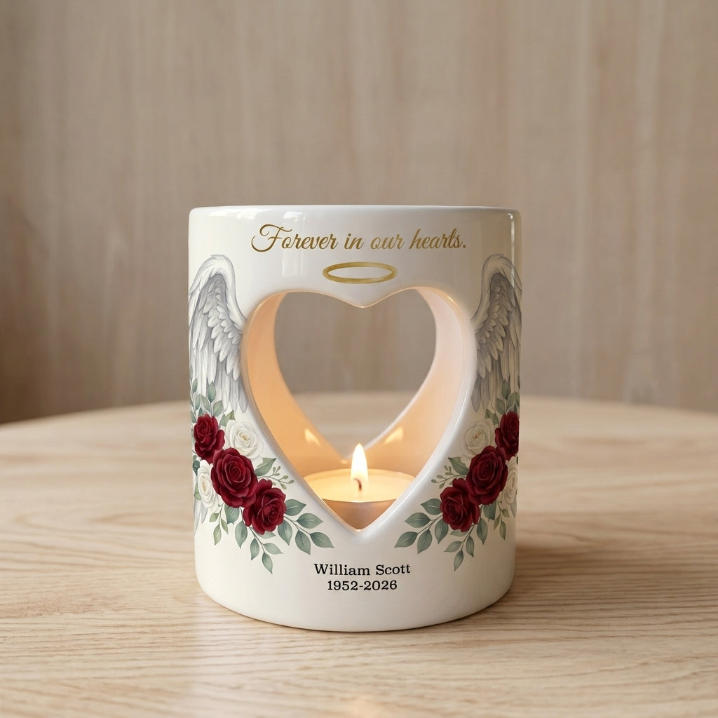 Personalized Memorial Candle Holder, Angel Wings Heart Sympathy Gift, Custom Name Date Remembrance Tealight, In Loving Memory