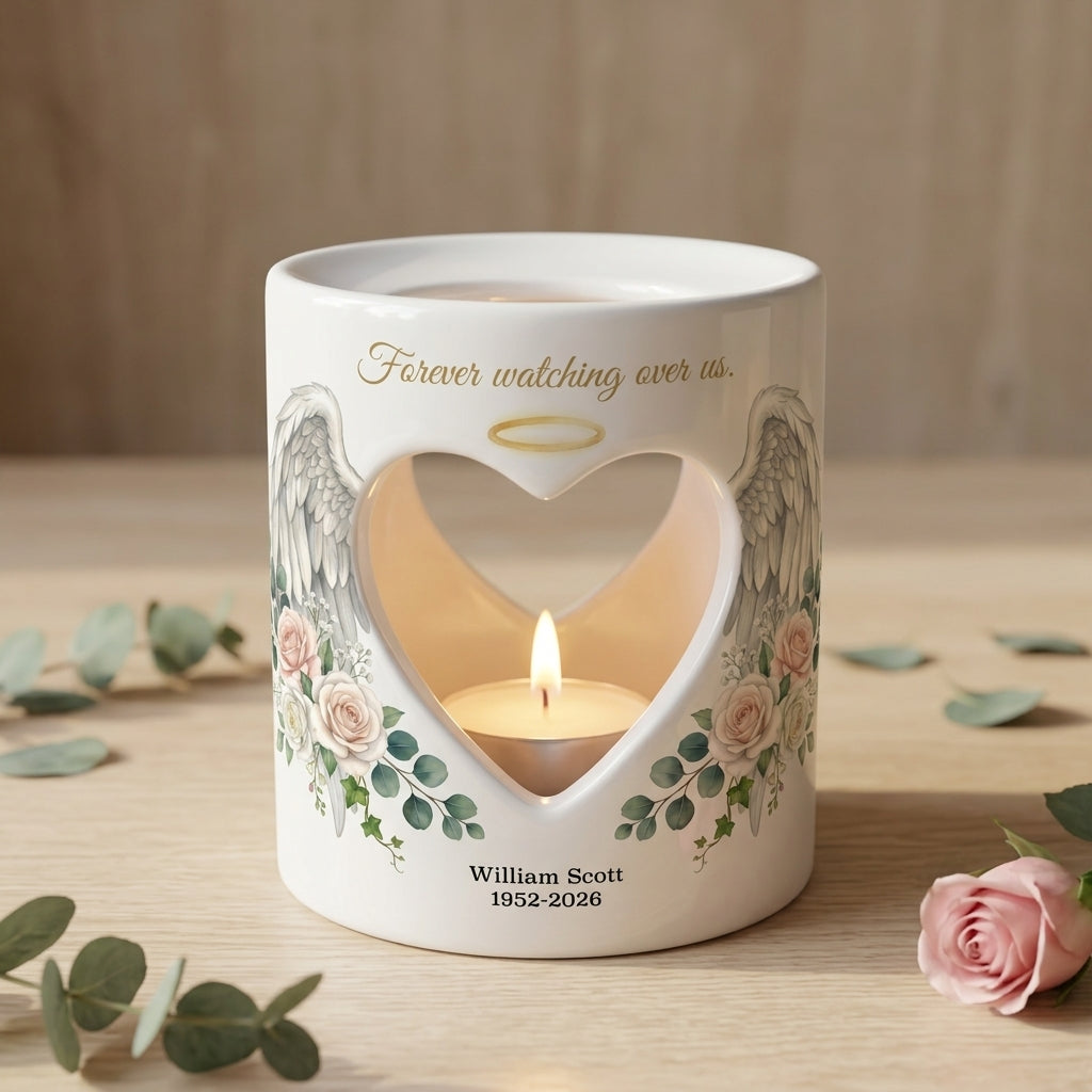 Personalized Memorial Candle Holder, Angel Wings Heart Sympathy Tealight Cup, Bereavement Remembrance Gift, In Loving Memory Keepsake