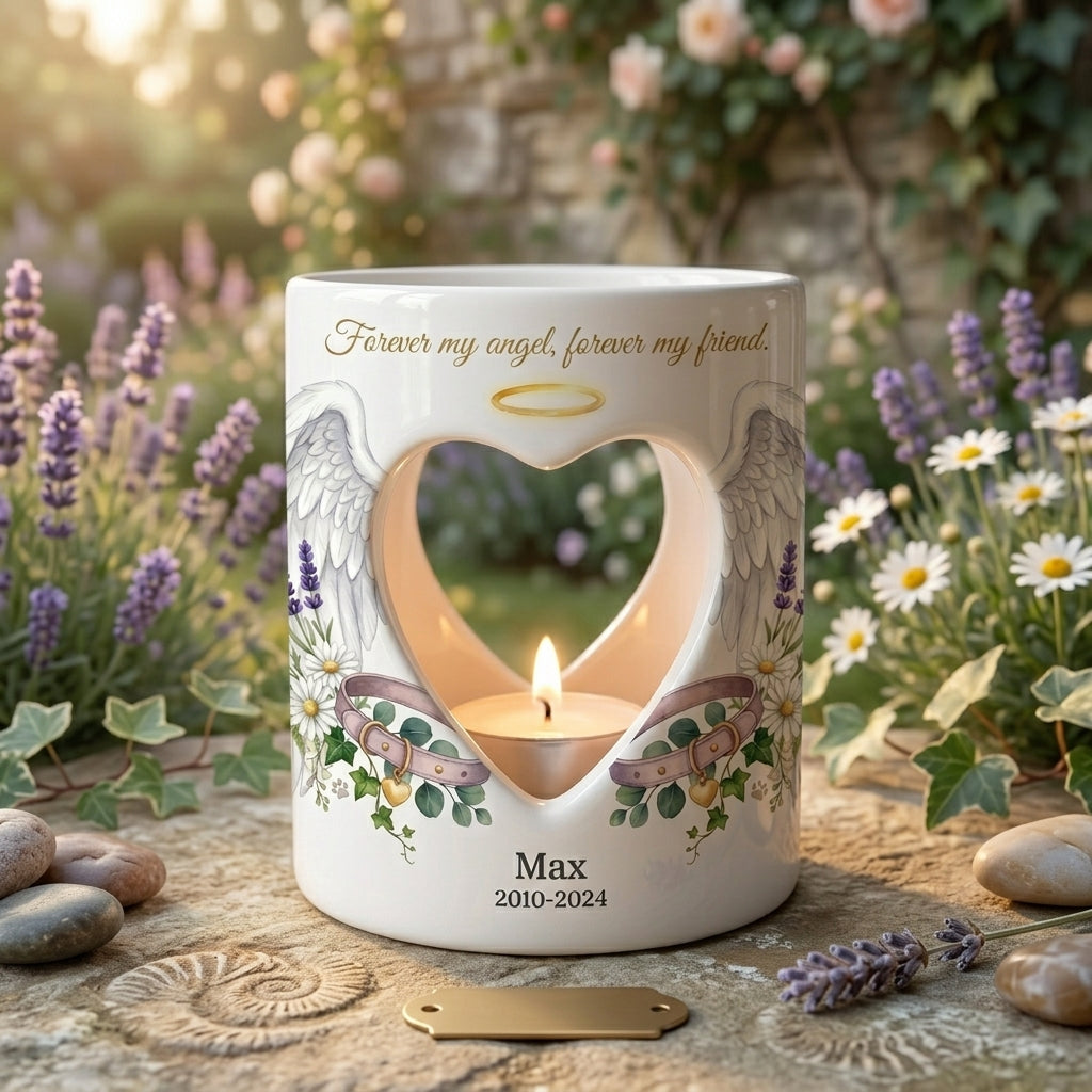 Personalized Pet Memorial Candle Holder, Dog Memorial Gift, Angel Wings Heart Tealight Holder, Custom Pet Loss Sympathy Keepsake