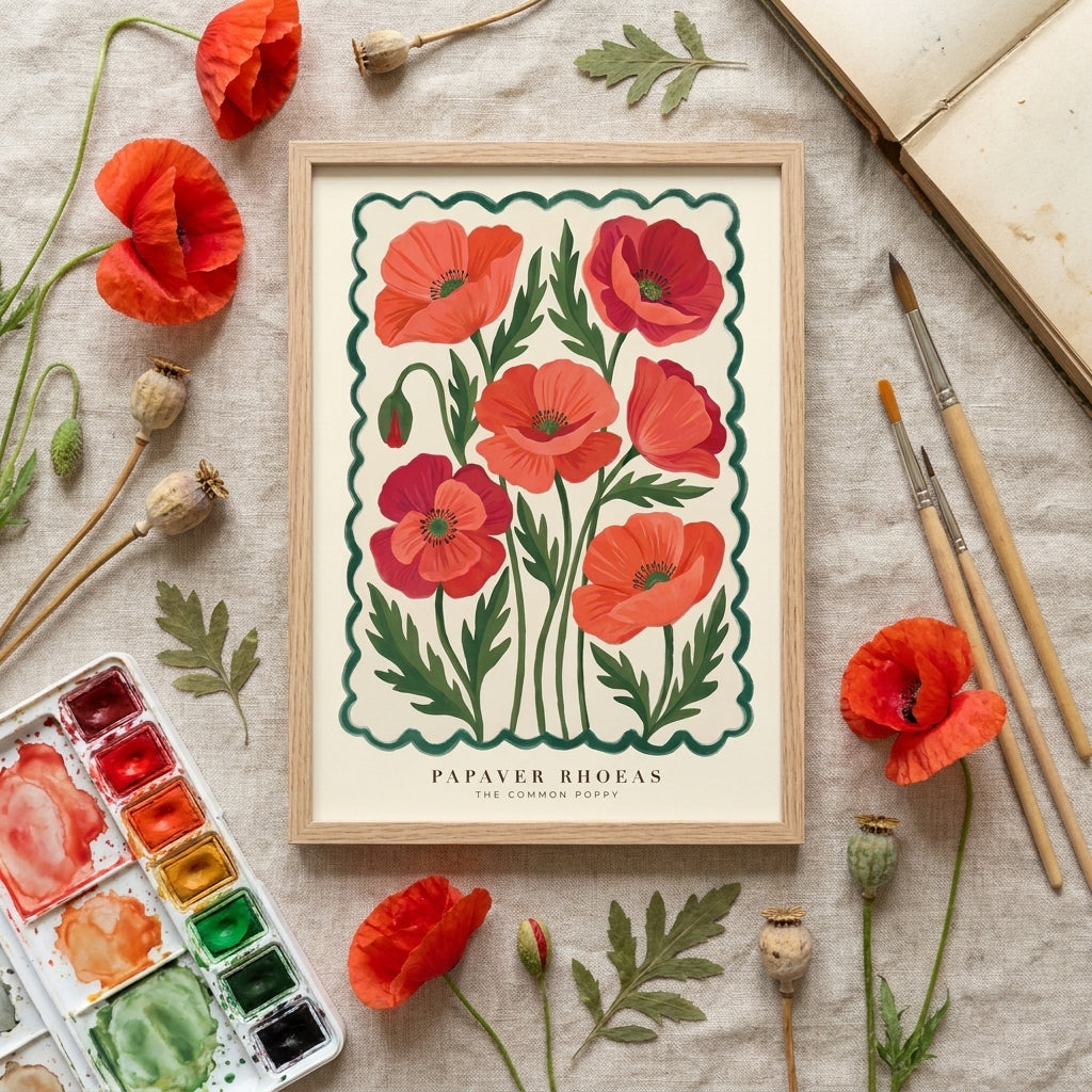 Papaver Rhoeas Common Poppy Wall Art Print, Red Floral Botanical Poster, Vintage Flower Market Print, Boho Cottagecore Home Decor