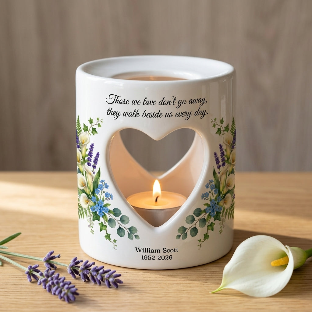 Personalized Memorial Candle Holder, Custom Name & Date Sympathy Gift, Heart Cutout Ceramic Tealight, Floral Remembrance Candle Cup