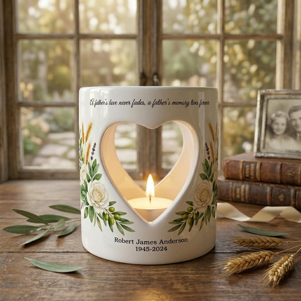 Personalized Memorial Candle Holder for Dad, Custom Father Sympathy Gift, Ceramic Heart Tealight Holder, Loss of Father Remembrance Keepsake