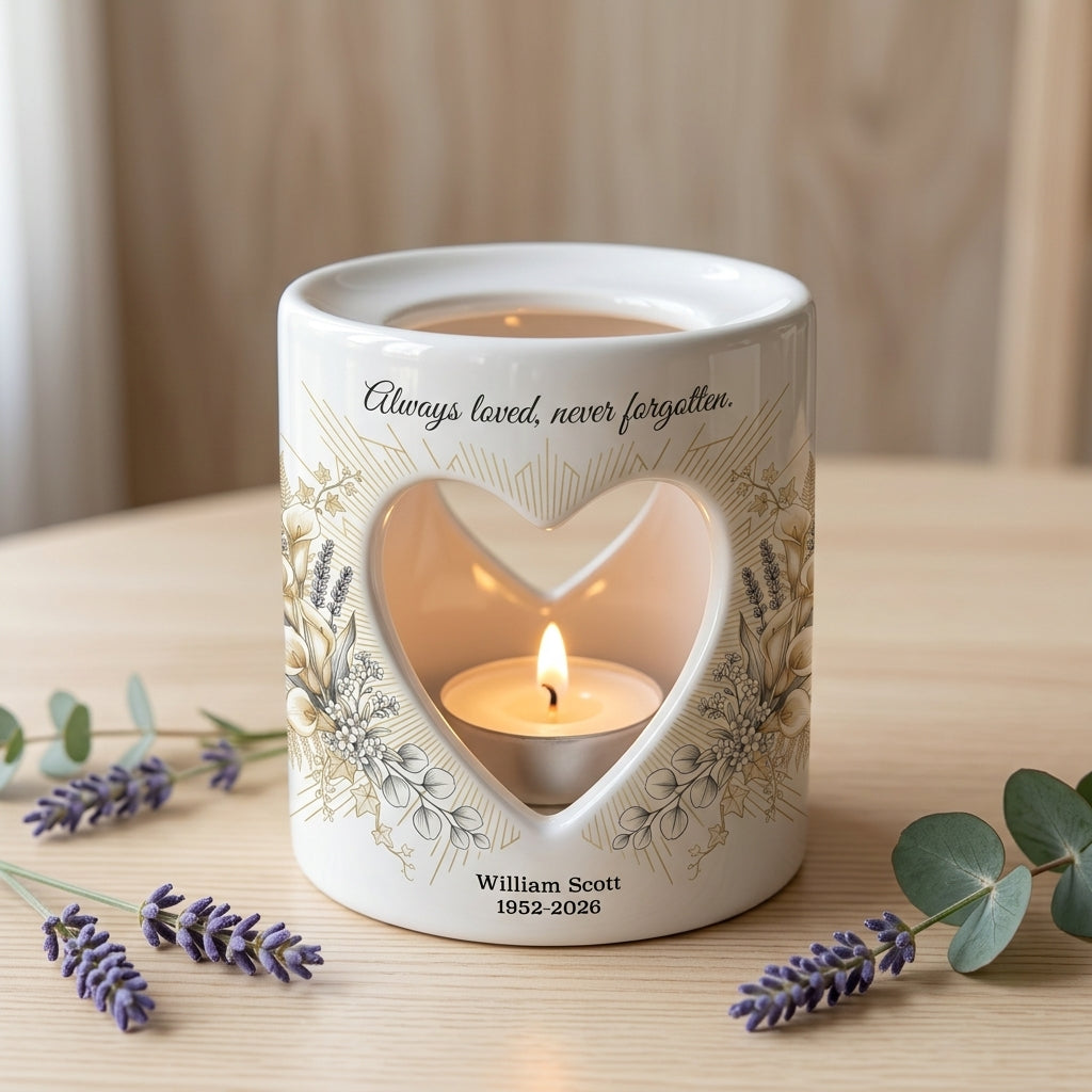 Personalized Memorial Candle Holder, Always Loved Never Forgotten Heart Cutout Ceramic Sympathy Gift, Remembrance Tealight Lantern
