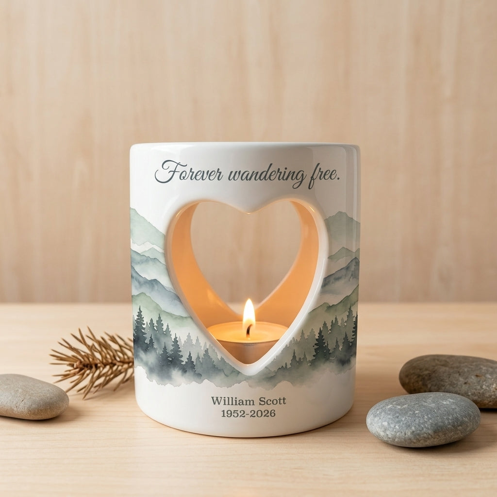 Personalized Memorial Candle Holder, Forever Wandering Free Sympathy Gift, Mountain Tealight Keepsake, Bereavement Loss of Loved One