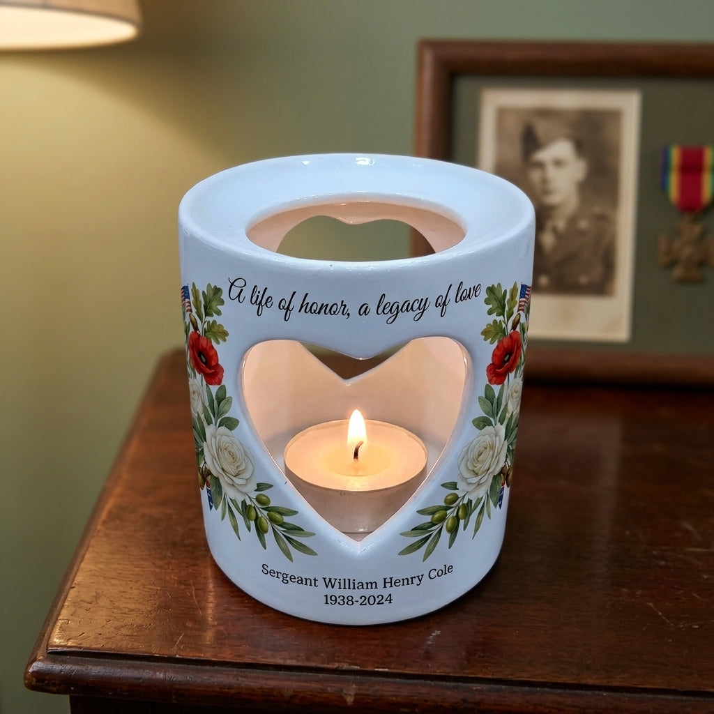Personalized Veteran Memorial Candle Holder, Military Sympathy Gift, Heart Cutout Tealight Holder, Custom Name & Dates Remembrance Keepsake