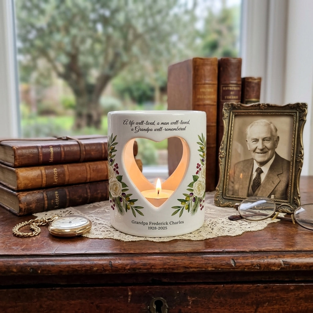 Personalized Grandpa Memorial Candle Holder, Heart Cutout Ceramic Tealight Votive, Sympathy Loss of Grandfather Remembrance Gift