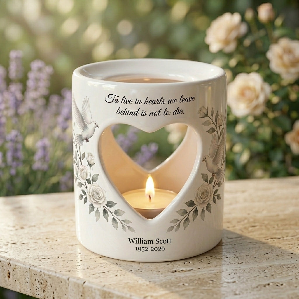 Personalized Memorial Candle Holder, Heart Cutout Ceramic Tealight Sympathy Gift, Dove Rose Remembrance Keepsake In Loving Memory