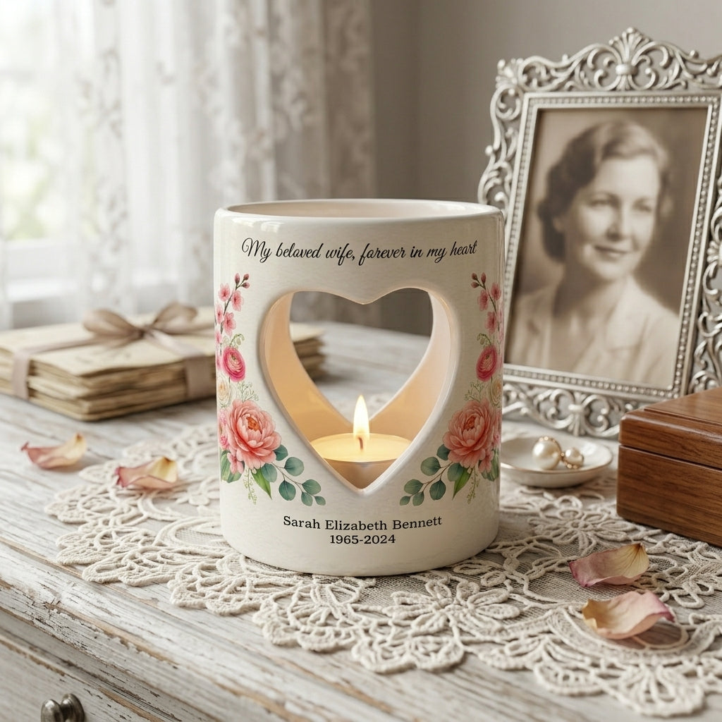 Personalized Memorial Candle Holder Ceramic, In Loving Memory Sympathy Gift, Heart Cutout Floral Tealight Remembrance Keepsake