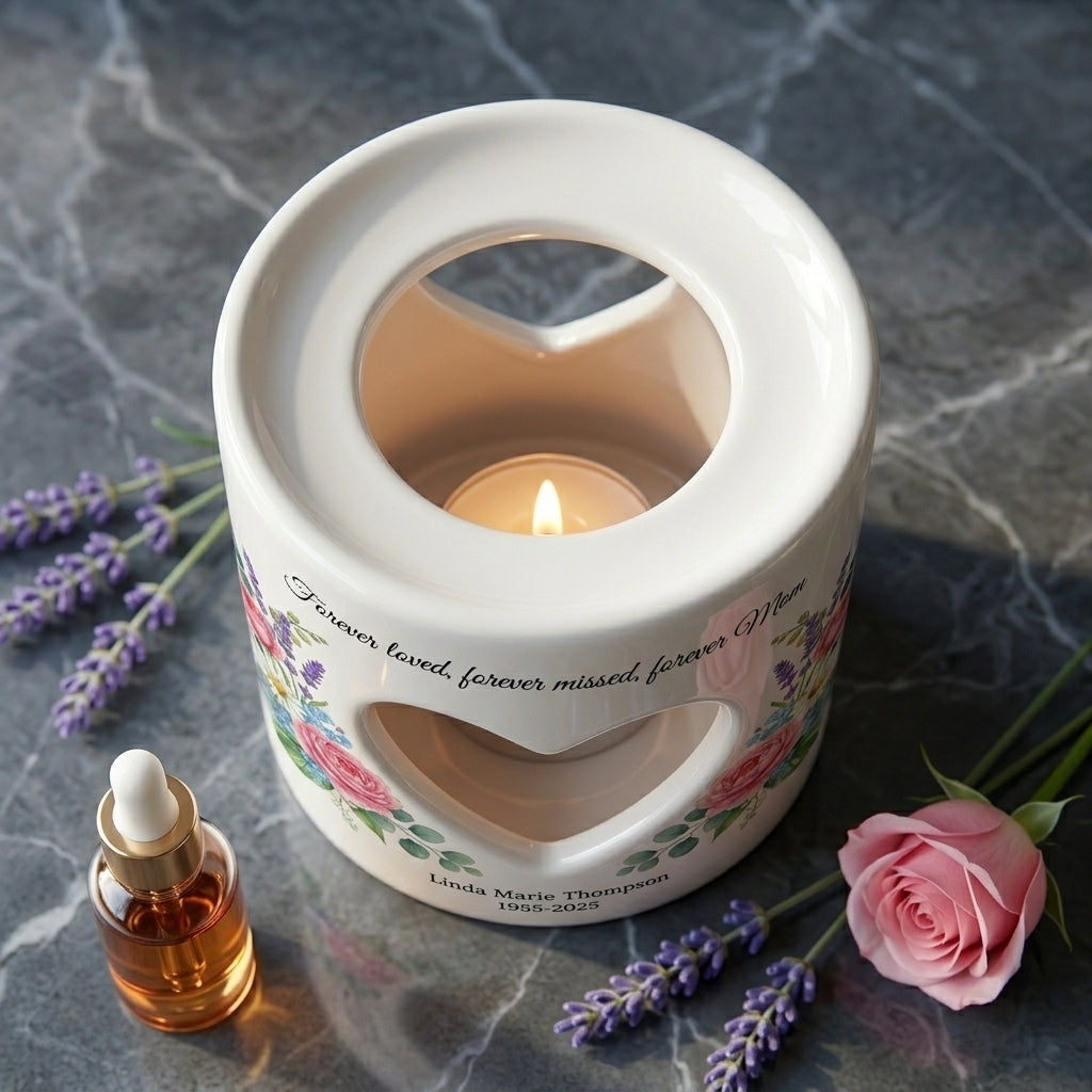 Personalized Memorial Candle Holder for Mom, Forever Loved Forever Missed, Heart Cutout Ceramic Tealight Sympathy Gift