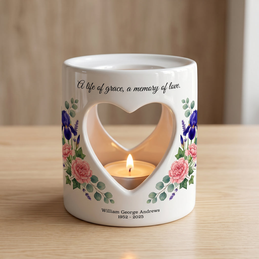 Personalized Memorial Candle Holder Ceramic Tealight Luminary Heart Cutout Floral Sympathy Gift Bereavement Remembrance Keepsake