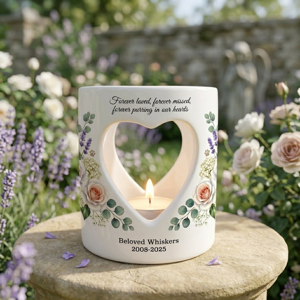 Personalized Cat Memorial Candle Holder, Pet Loss Sympathy Gift, Custom Ceramic Tealight Holder, Cat Remembrance Keepsake, Rainbow Bridge