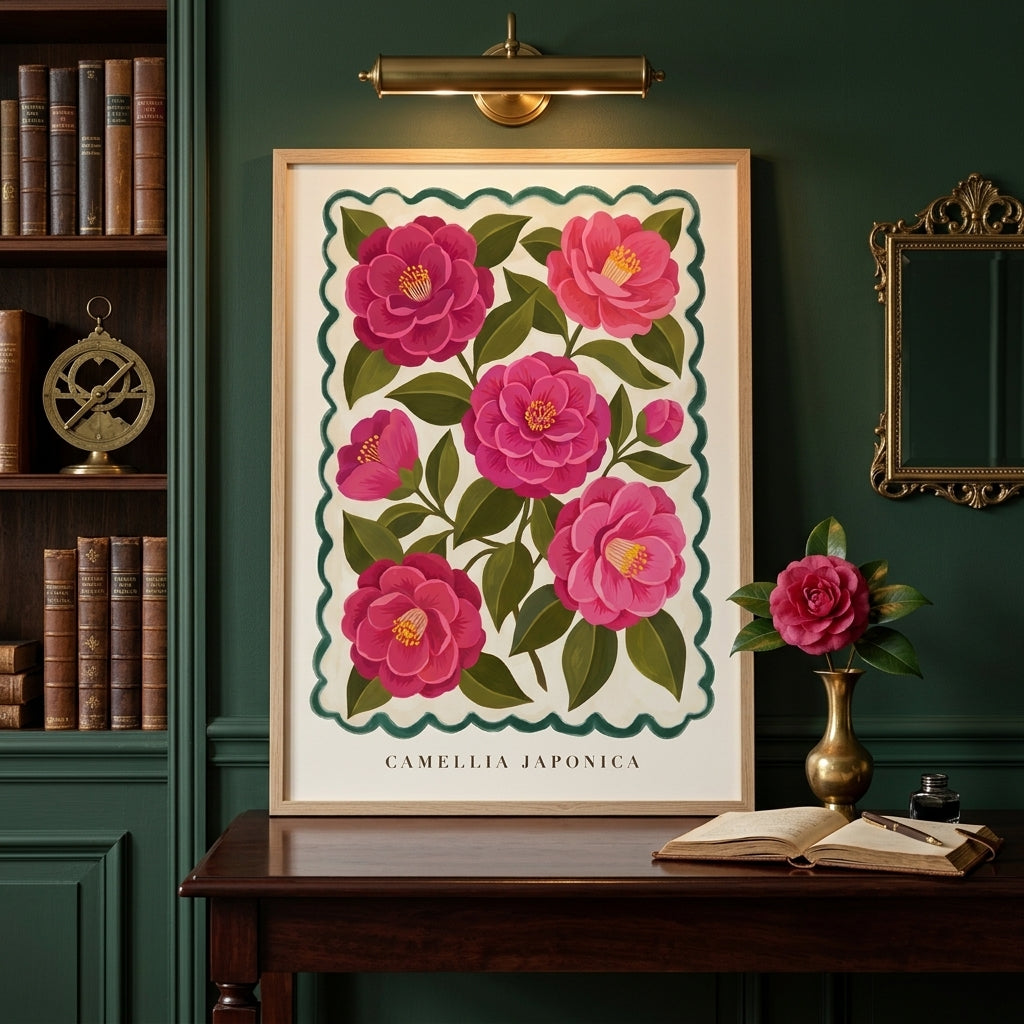 Camellia Japonica Botanical Wall Art, Pink Floral Painting Print, Vintage Flower Market Poster, Maximalist Cottagecore Decor