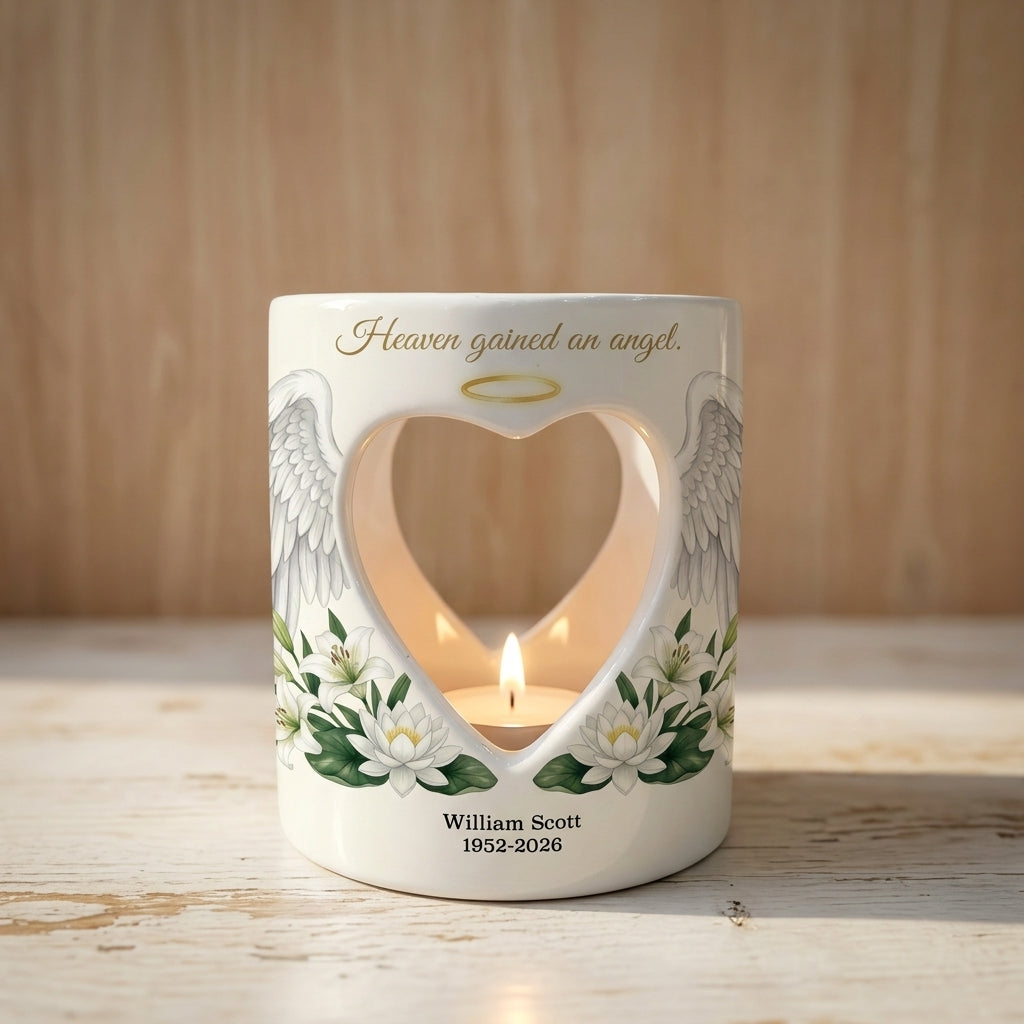 Personalized Memorial Candle Holder, Heaven Gained An Angel Ceramic Tealight Sympathy Gift, In Loving Memory Bereavement Keepsake