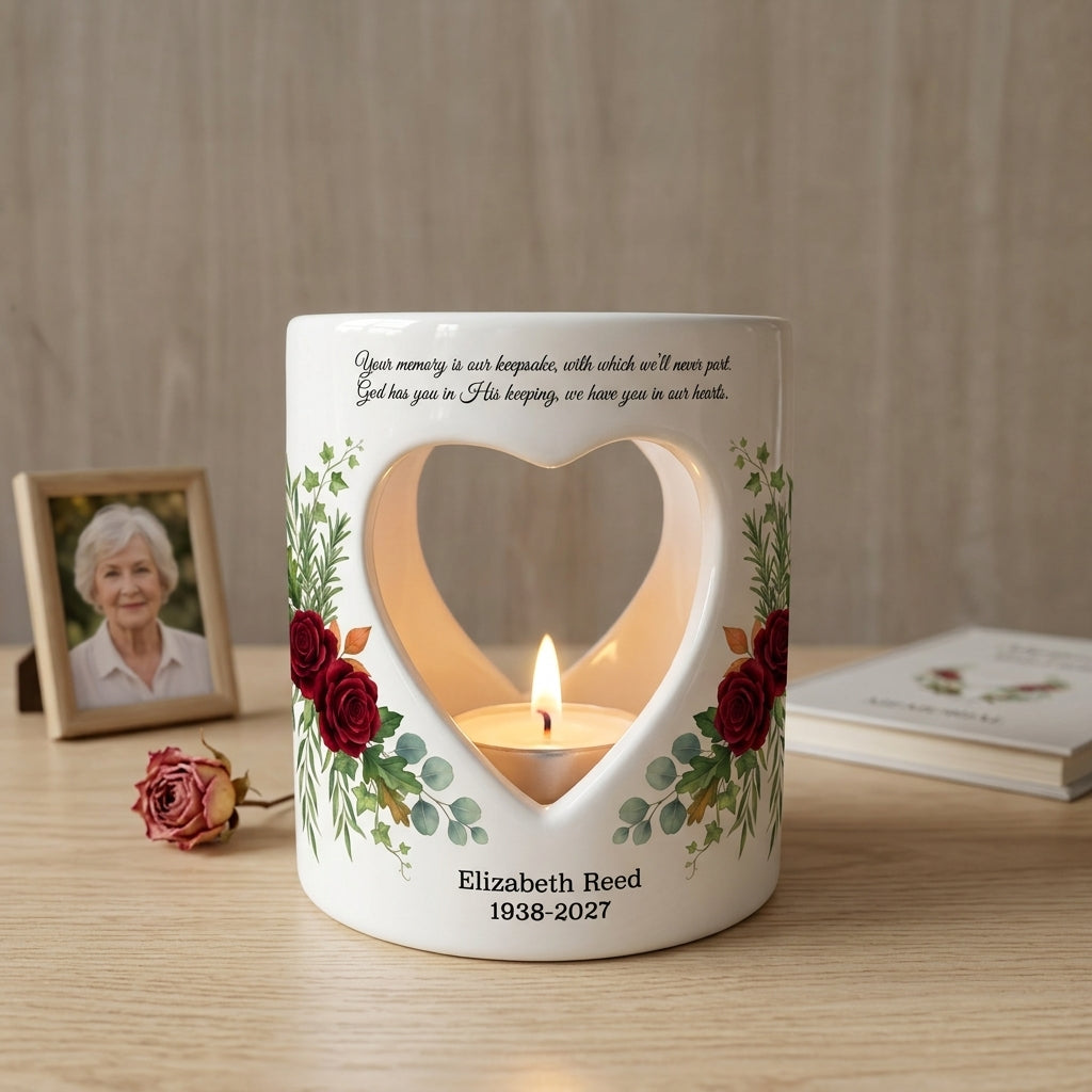 Personalized Memorial Candle Holder, Heart Cutout Ceramic Sympathy Tealight, In Loving Memory Keepsake Remembrance Gift