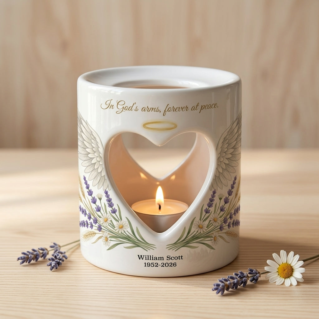 Personalized Memorial Candle Holder, Angel Wings Heart Sympathy Gift, Custom Name Date Ceramic Tealight, In Loving Memory Bereavement