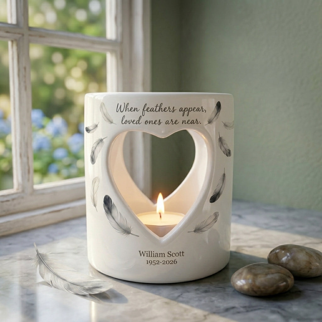 Personalized Memorial Candle Holder, When Feathers Appear Loved Ones Are Near, Ceramic Heart Sympathy Tea Light, Bereavement Gift