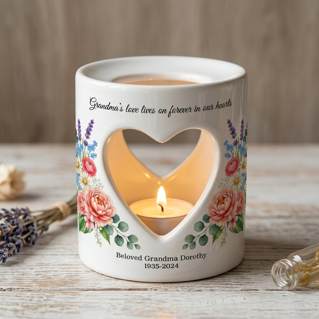 Personalized Grandma Memorial Candle Holder, Heart Cutout Ceramic Tealight Lantern, Sympathy Bereavement Loss Gift Keepsake