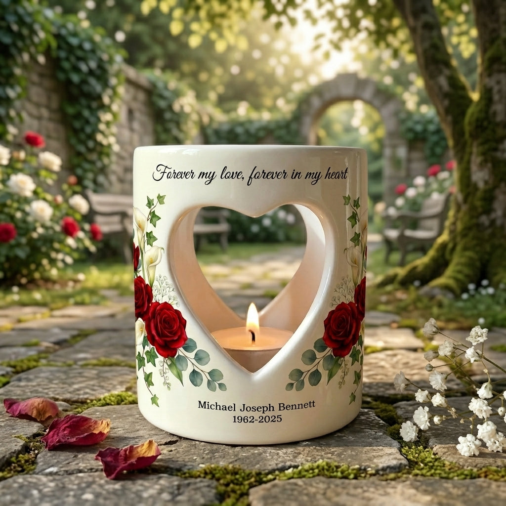 Personalized Memorial Candle Holder, Forever My Love Sympathy Gift, Custom Name Date Heart Ceramic Tealight Remembrance