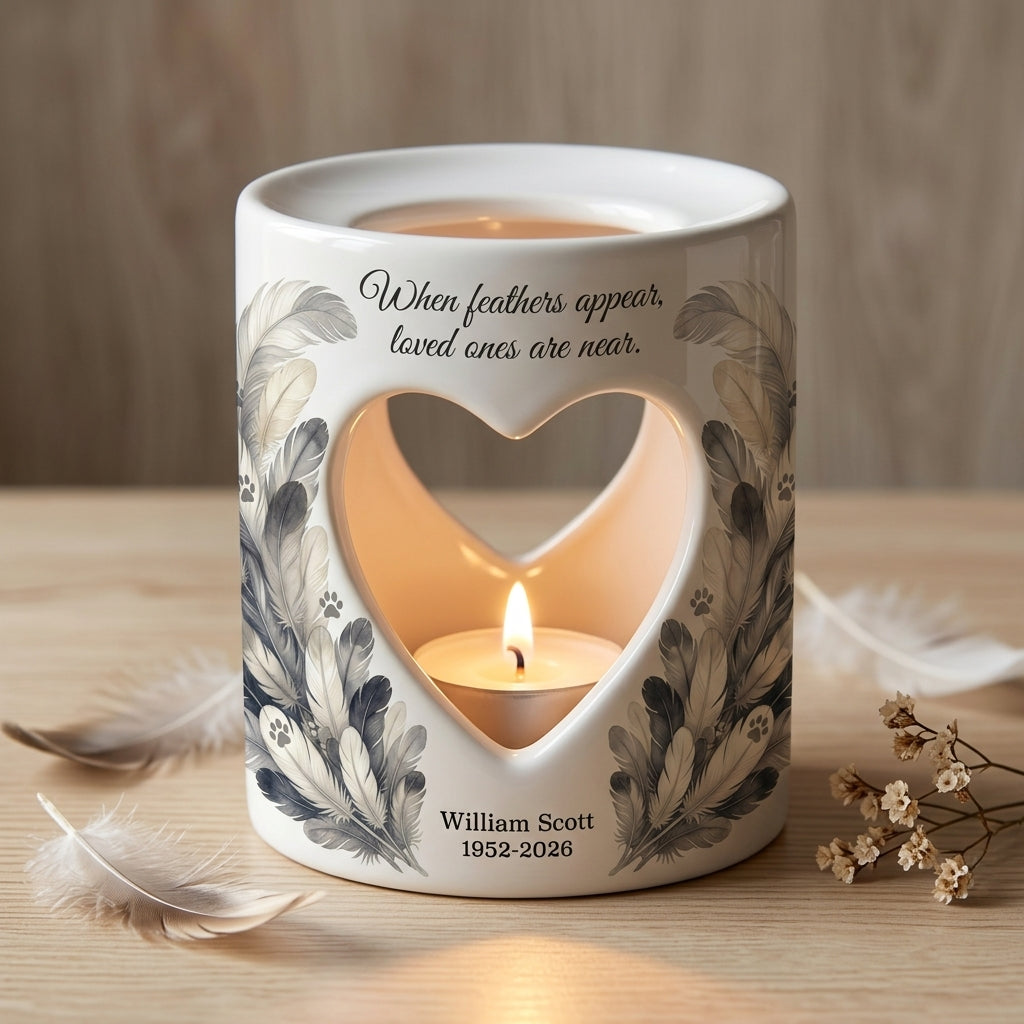Personalized Memorial Tealight Candle Holder, When Feathers Appear Loved Ones Are Near, Ceramic Sympathy Gift, Remembrance Keepsake