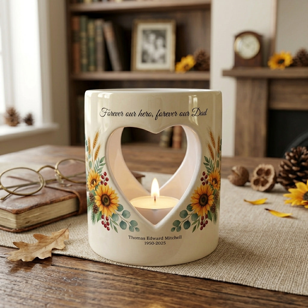 Personalized Dad Memorial Candle Holder, Sunflower Heart Tealight Cup, Forever Our Hero Forever Our Dad Sympathy Loss of Father Gift