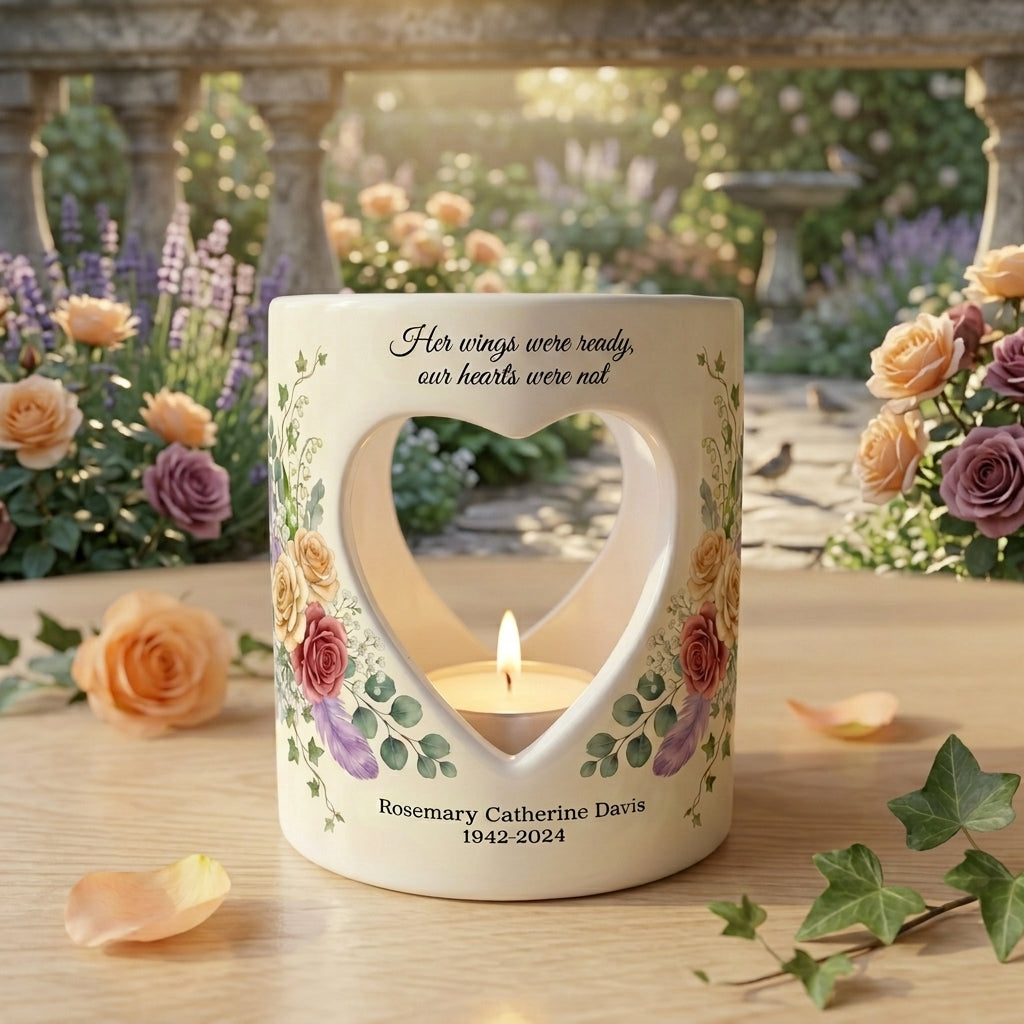 Personalized Memorial Candle Holder, Heart Cutout Sympathy Tealight Cup, Custom Name Date Bereavement Remembrance Gift