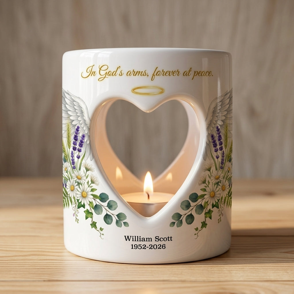 Personalized Memorial Candle Holder, In God's Arms Forever At Peace Ceramic Heart Tealight Sympathy Gift, Angel Wings Remembrance Keepsake