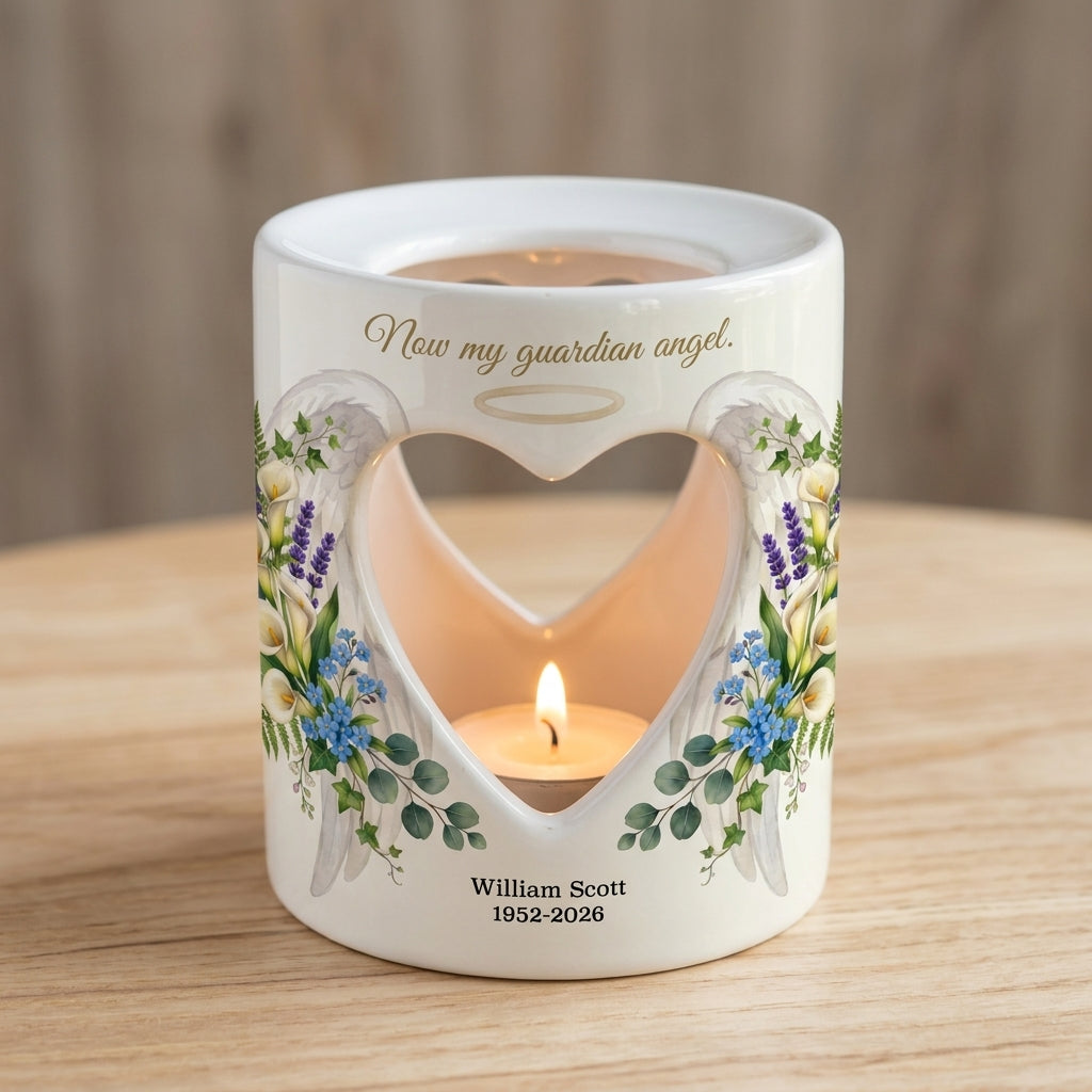 Personalized Memorial Candle Holder, Now My Guardian Angel Tealight Cup, Sympathy Gift, Angel Wings Heart Remembrance Keepsake