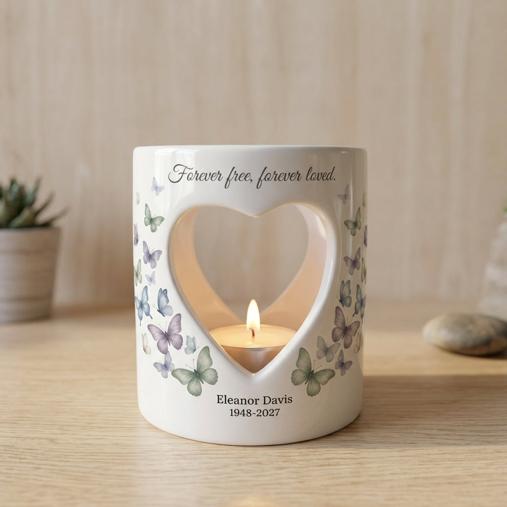 Personalized Memorial Candle Holder, Butterfly Sympathy Tealight Cup, Forever Free Forever Loved Remembrance Gift, Loss of Loved One