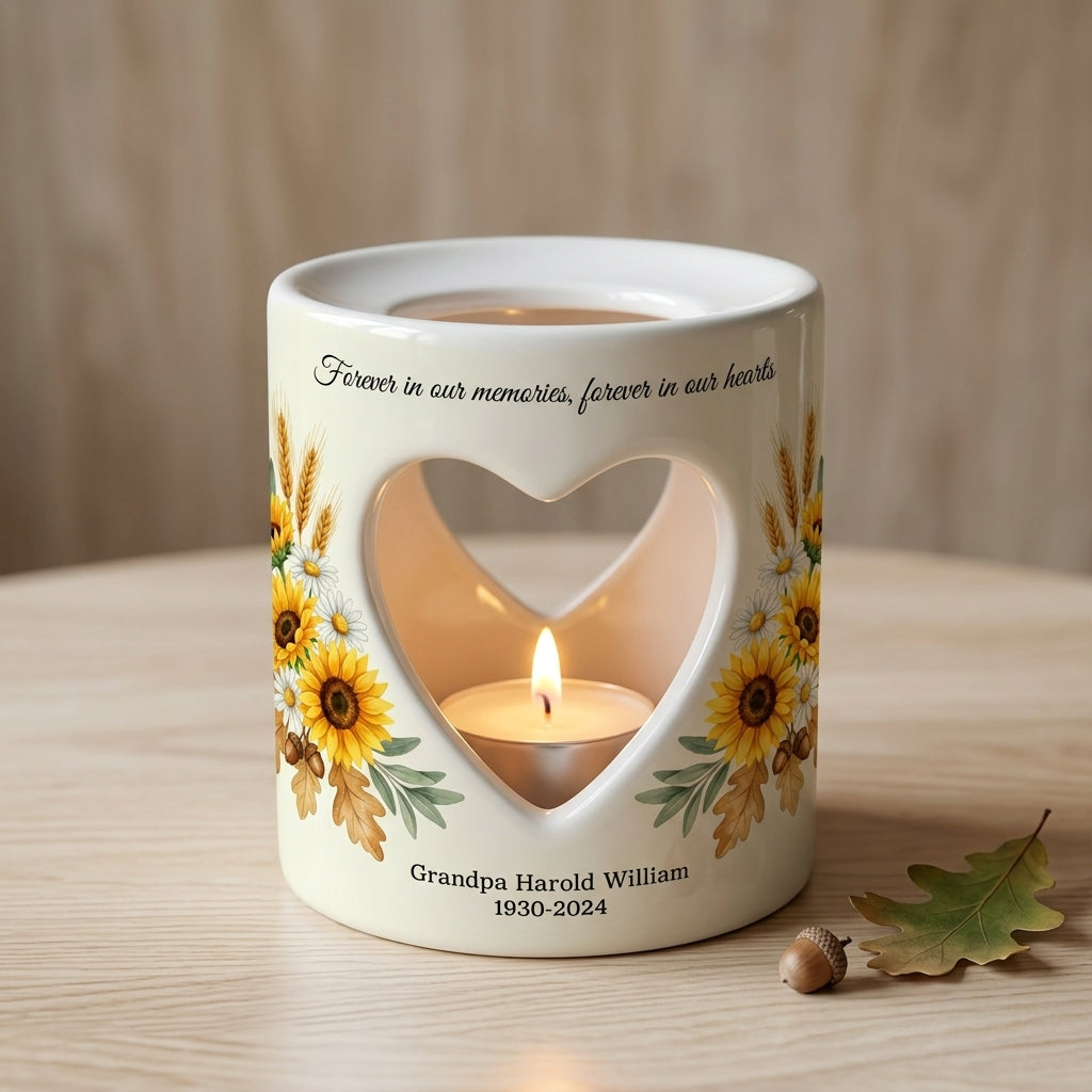 Personalized Sunflower Memorial Candle Holder, Heart Cutout Ceramic Sympathy Gift, In Loving Memory Remembrance Tealight Cup